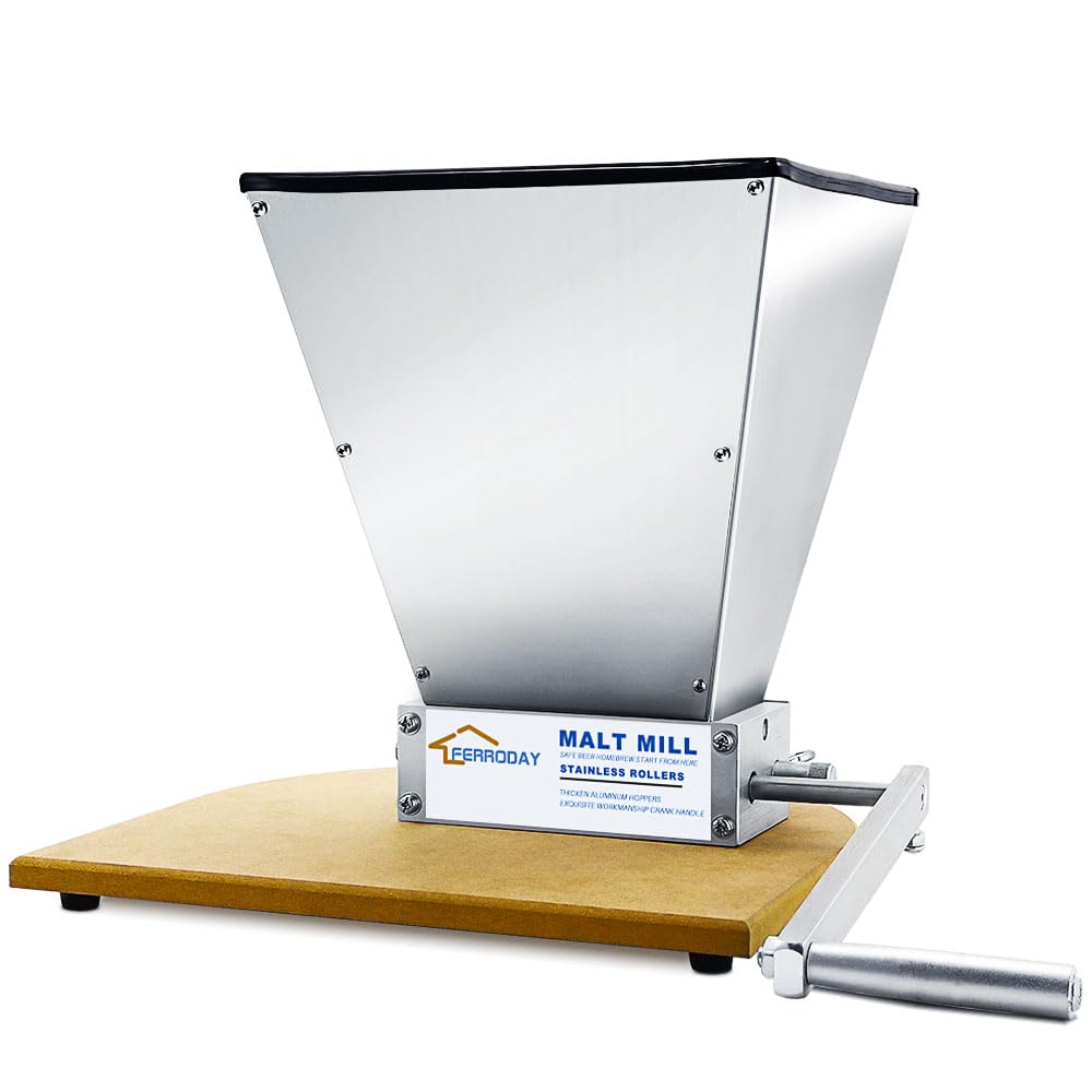 FerrodayMalted Grain Mill - 2 Roller Stainless Steel Crusher, Heavy Duty Homebrew Grain Grinder, Adjustable Barley Crusher, Low Speed Drill Available, Manual Mill