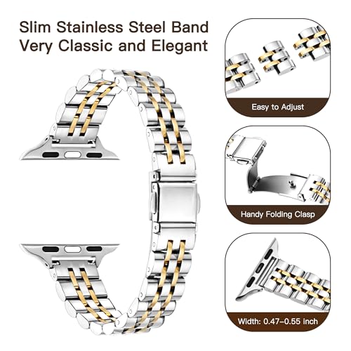 Image of Wipalor Thin Classic Metal Chain Band Fit Slim Apple Watch Bands for women 42mm 41mm 40mm 38mm, Dressy Designer Stainless Steel iWatch Bands for iPhone Watch Series 11 10 9 SE 8 7 6 5 4 3 2 1-Silver /Gold