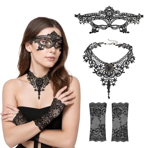 KOQAIIZ Gothic Kleidung Damen Set Gothic Halsketten-Masken-Handschuhe-Set für Damen für Partys und Abende