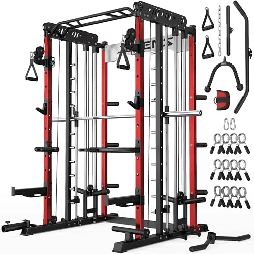 JELENS Smith Machine for Home Gym, Multi-Function M12 Power Cage, Squat Rack with Smith Bar and More Attachment (Red, M12 Smith Machine)