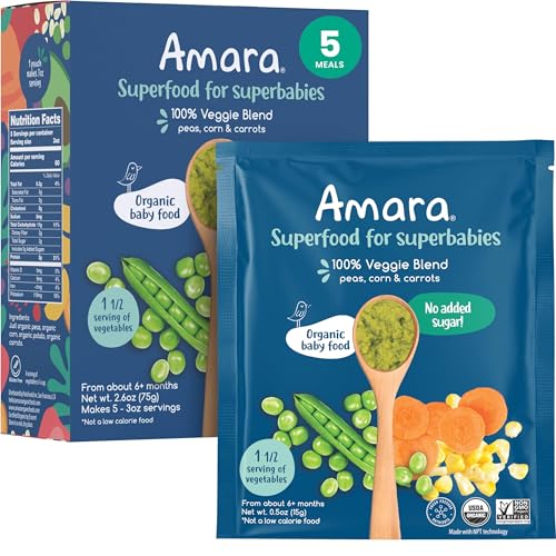 Image of Amara Organic Baby Food - Stage 2 - Peas, Corn & Carrots - Baby Cereal to Mix With Breastmilk, Water or Baby Formula - Shelf Stable Baby Food With 100% Organic Veggies - 5 Pouches, 3.5oz Per Serving