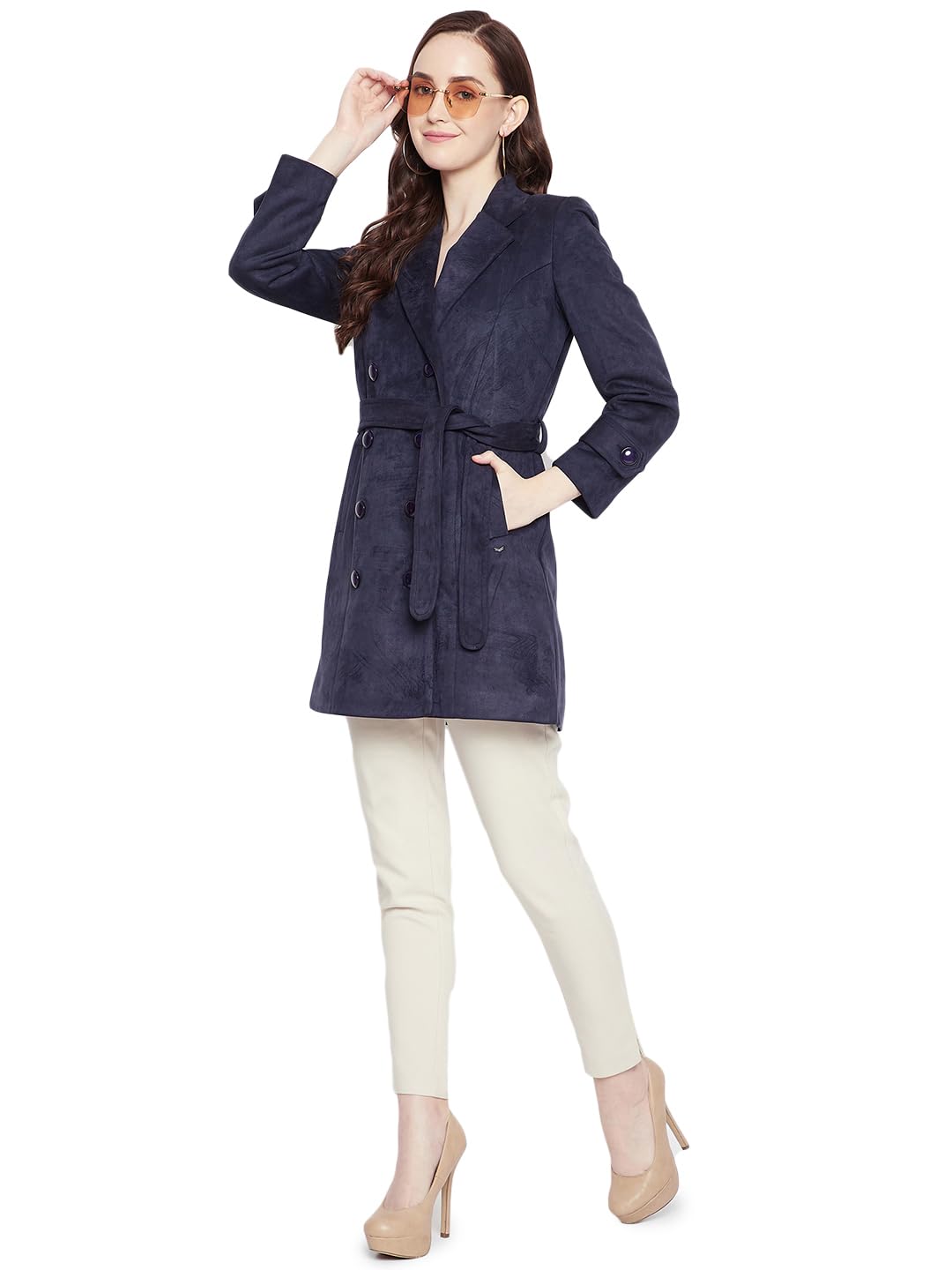 crimsoune club Women Navy Blue Solid Notched Lapel Blazer-picture-38