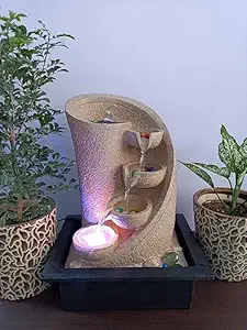 DECORION Three Step Decorative Table Top Water Fountain for Home Decor/Office/Indoor & Outdoor/Garden/Puja Room/Vaastu with Multicolor LED Light and Adjustable Water Pump (Yellow-D-016)