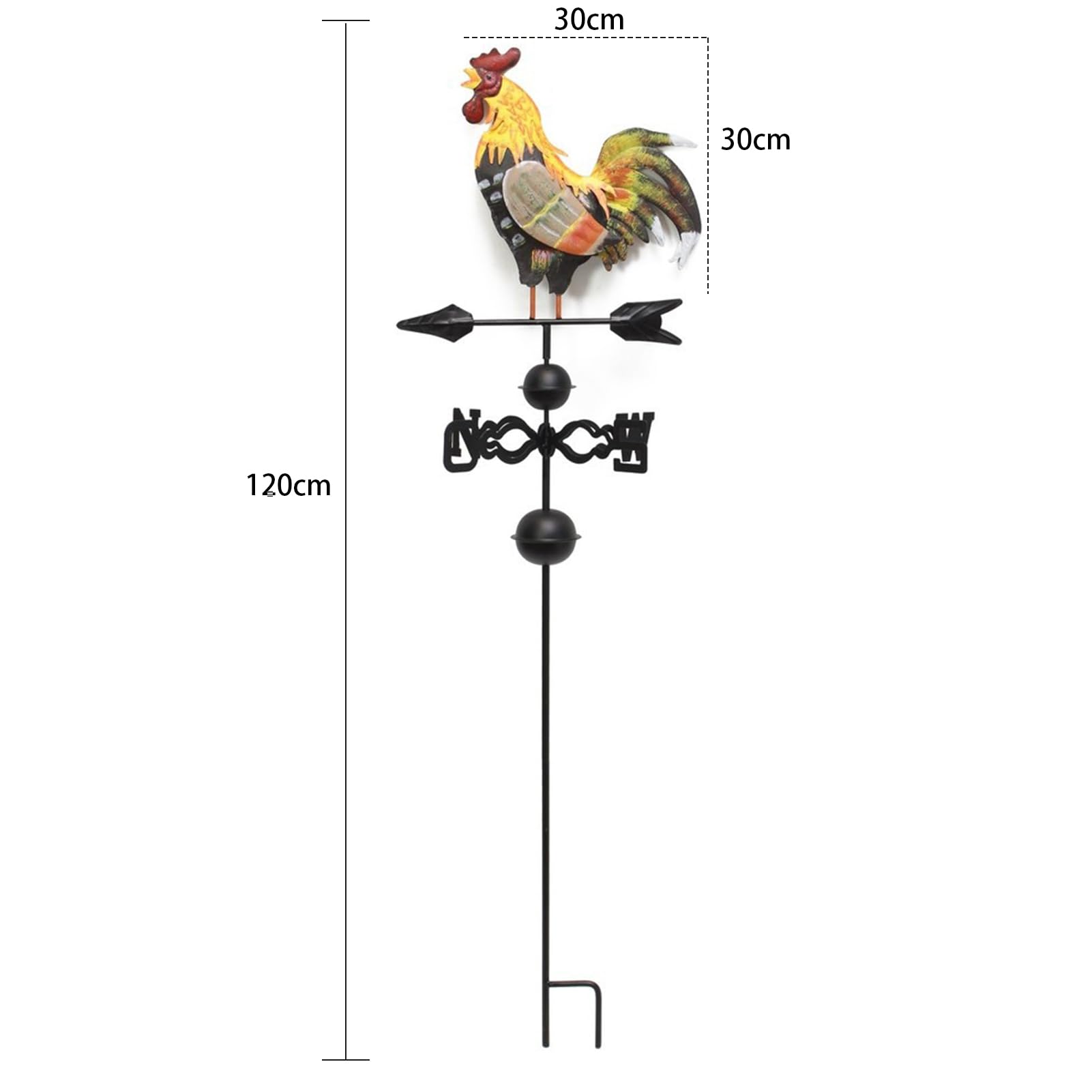 Veleta colorida de gallo de metal con indicador de viento, forma de gallo, 120 x 30 cm