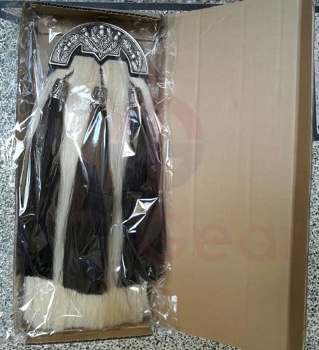 Scottish Kilt Original Long Horse Hair Dress Sporran with Unique Thistle Anemal Cantel & Three Black Hair Tassels, Large, Off-white4