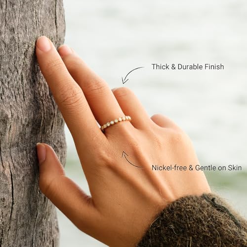 STORYJEWELLERY Eternity Band Rings for Women, 18K Gold Plated Stacking Band Ring, Thin Wedding Bands, Cubic Zirconia Anniversary Rings for Women, Beaded Bezel Ring, Gifts for Her3