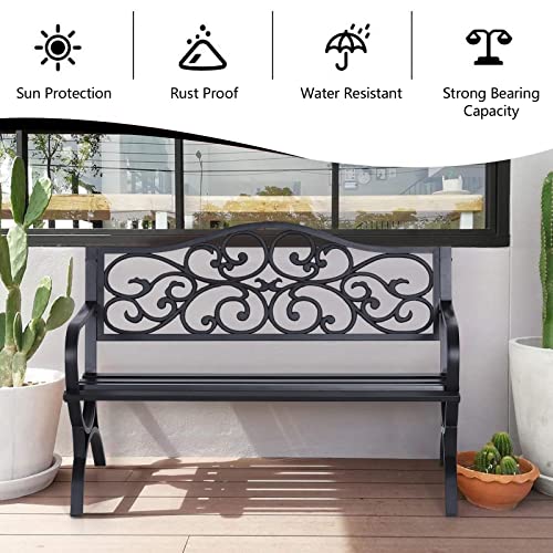 Sophia & William 50" Outdoor Garden Bench Patio Park Bench, Cast Iron Metal Frame Furniture with Floral Design Backrest for Porch Yard Lawn Deck, Black - Image 6