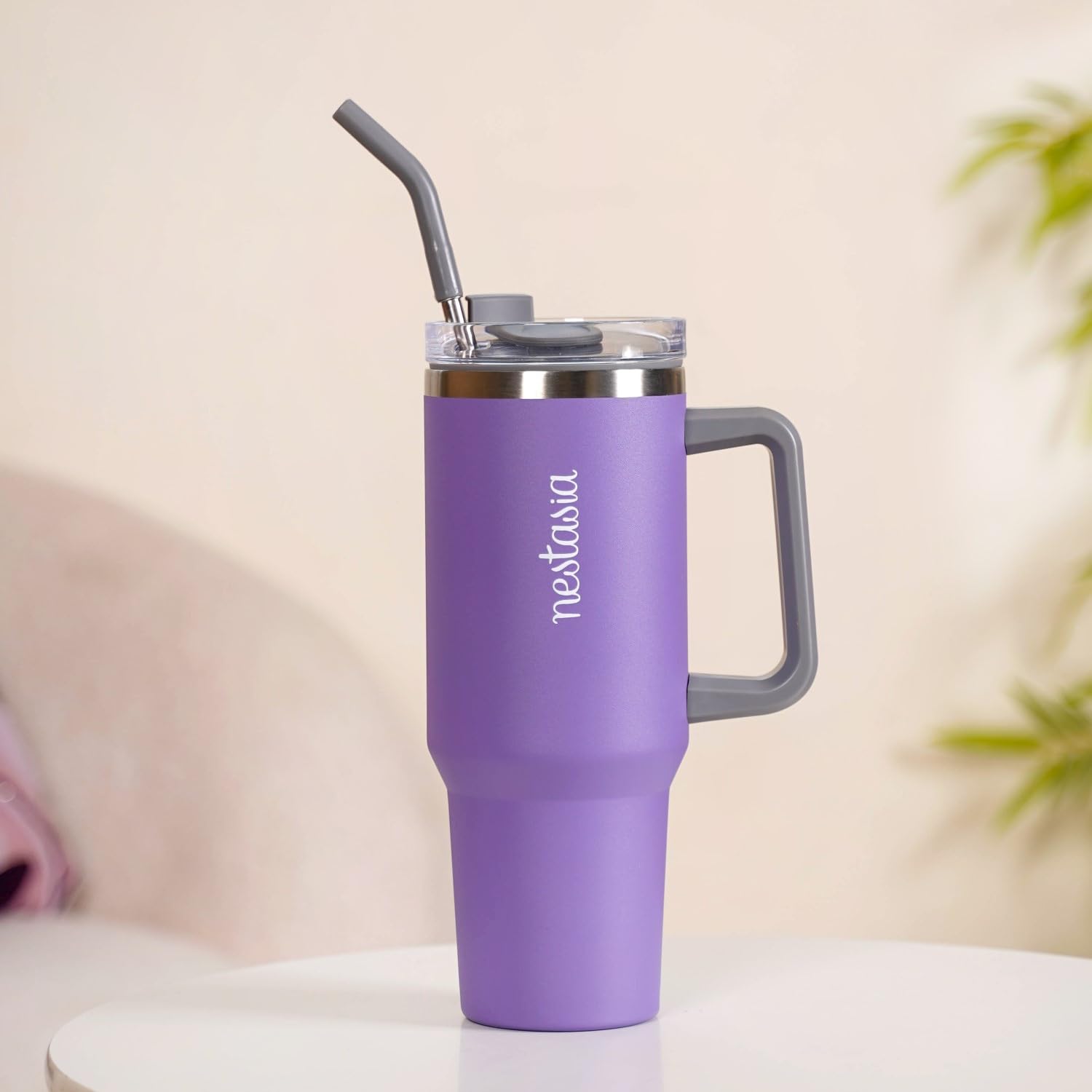 Nestasia 1.2L Tumbler with Handle Straw & Lid|Insulated Reusable Stainless Steel Water Bottle|Leak Proof Mug for Office, Gym, Travelling (Dark Purple), 1200 milliliters