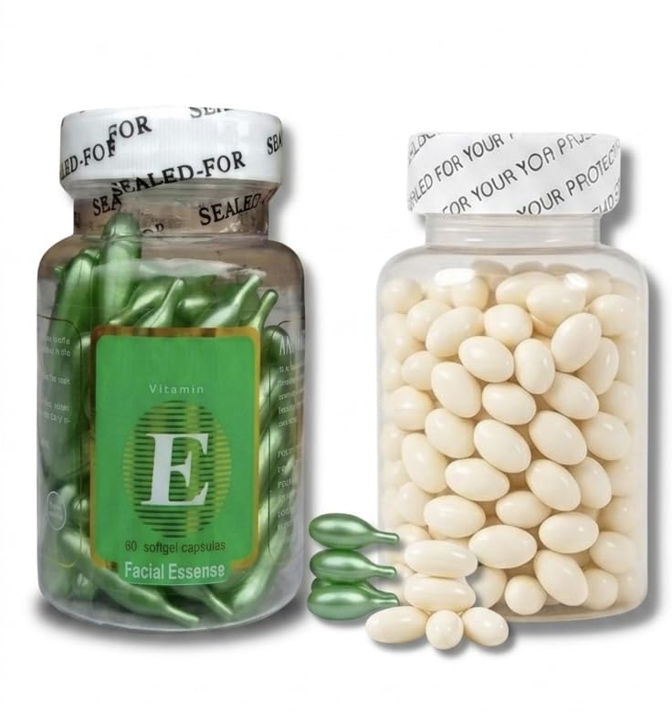 Vitamin E Facial Essence 60 Softgel Capsules and Skin Brightening Serum Capsules 40 Count with Vitamin C for Glowing Skin, Tan Removal & Deep Hydration Combo Pack (White and Green, Pink)-image-39