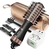 110-240V Travel Brush Hair Dryer, Small Hair Straightener Brush with European Plug Adapter for International Travel, 4 in 1 Hot Air Styler & Dryer for Drying Straightening Curling Volumizing