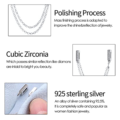 KUNSIR 925 Sterling Silver Clip-On Charm for Reflexions Mesh Bracelet Charm Bead fits Flat charm Bracelets Gift for Women（Double safety chain）3