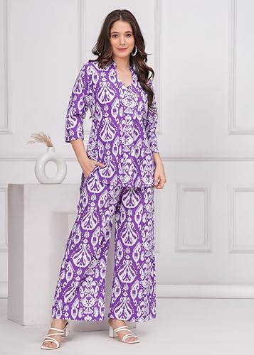 Image of Women's Pure Cotton Co-Ord Set | Three-Quarter Sleeves-Mandarin Collar Top & Palazzos | Printed Casual Wear Co-Ord Set for Women