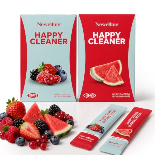 NEWELLME Happy Cleaner Greens Superfood Powder Packets Sugar-Free Fiber Drink Mix for Gut Health Digestive Health & Bloating Support Prebiotics Probiotics & Enzymes Watermelon & Berry 28 Count