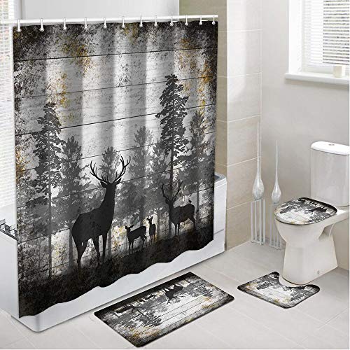 Rnnjoile 4 Pcs Shower Curtain Set For Bathroom Rustic Deer Family In Forest Shower Curtain Set With Non-Slip Rug Toilet Lid Cover Bath Mat And 12 Hooks Vintage Animal Waterproof Shower Curtain Set #TOP3
