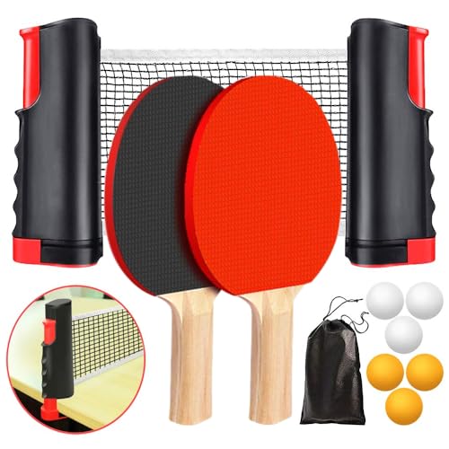 Table Tennis Racquets Set - Portable Ping Pong Net, Retractable Rackets, 6 Balls & Carry Bag, Ping Pong Racquet for Indoor/outdoor recreation