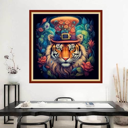Image of Joyhoor Stamped Cross Stitch Kits for Beginners Needlepoint Kits for Adults Embroidery Kits 11CT Counted Cross Stitch Kits Printed Embroidery Pattern-The King of the Forest Tiger 18x18 inchs