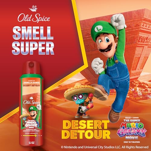 Image of Old Spice Aluminum Free Body Spray for Men, Old Spice x The Super Mario Galaxy Movie, 24 /7 Lasting Freshness, Lasting Odor Protection, Smell Super with Desert Detour, Vanilla Sands Scent, 5.1 oz