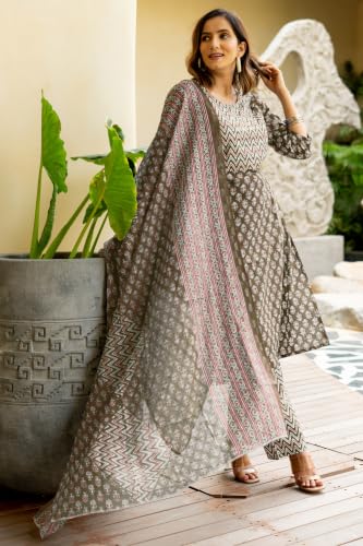 Image of MIRCHI FASHION Women's Straight Fit Pure Cotton Embellished Floral Printed Kurta Set with Dupatta and Trouser