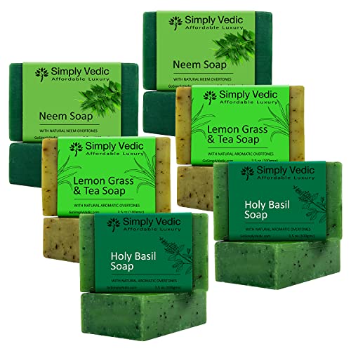 Simply Vedic 6-Pack Soap Bar Collection For Body, Hand, Face; Neem (2Pc), Lemongrass-Tea (2Pc), Holy Basil (2Pc). Cold Pressed Handmade For Men & Women (3.5 Oz. X 6) #TOP10