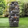 Hamiedun 48''H 7-Tier Cascading Rock Outdoor Garden Water Fountain Decor, Outdoor Resin Fountain with LED Light for Garden, Floor Patio, Deck, Porch, Backyard and Home Art Decor (Dark Grey)