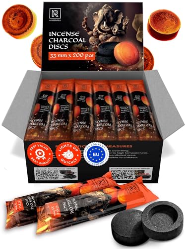 Charcoal Discs to Burn Incense - 200 pcs Charcoal for Incense Burning - 33 mm Most Quick Light Coals Tablets by M. ROSENFELD - 33 mm Resin Burner Rolls – Pack of 200 Instant Fire Coal Tablets