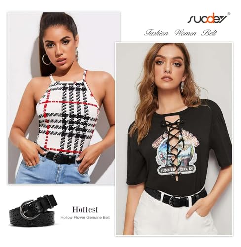 Women's Hollow Flower Leather Belt - Black Adjustable Waist Belt for Jeans, Dresses, Pants - Gift Box Included3