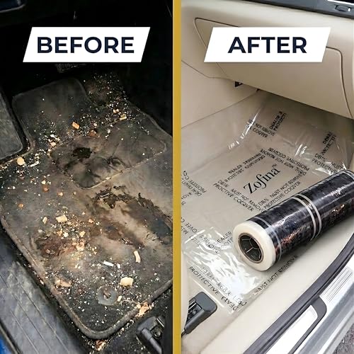 Image of ZOFINA Auto Floor Protection Film 24 inch x 200 ft - Car Carpet Protector Film, 4 Mil Heavy-Duty Adhesive Floor Mat, Dealer Plastic Floor Cover, Perforated Every 24 inch, Clear, Residue-Free Adhesive