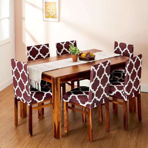 Polyester Spandex Geometrical Dining Chair Cover, Stretchable & Washable Slipcover, Brown (Set of 6)