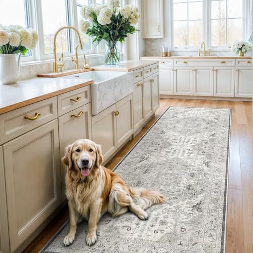 Madane Hallway Runner 3x8, Kitchen Rugs Washable Entryway Rug Vintage Kitchen Runners Non Slip Indoor Area Rug Farmhouse Carpet Runner for Bathroom Living Room Bedroom (3 X 8, Ivory/Brown)