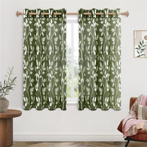 MRTREES Cortinas Dormitorio Juvenil Cortas para Ventanas 140x160 cm, Cortinas Salon Modernas Estampadas con Hojas 2 Piezas Cortina Visillo Comedor Transparente con Ojales, Verde Oliva