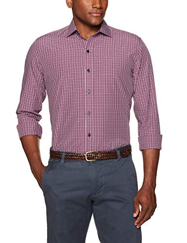 BUTTONED DOWN Men's Slim Fit Supima Cotton Spread-Collar Pattern Non-Iron Dress Shirt, Burgundy Plaid, XL 34/35