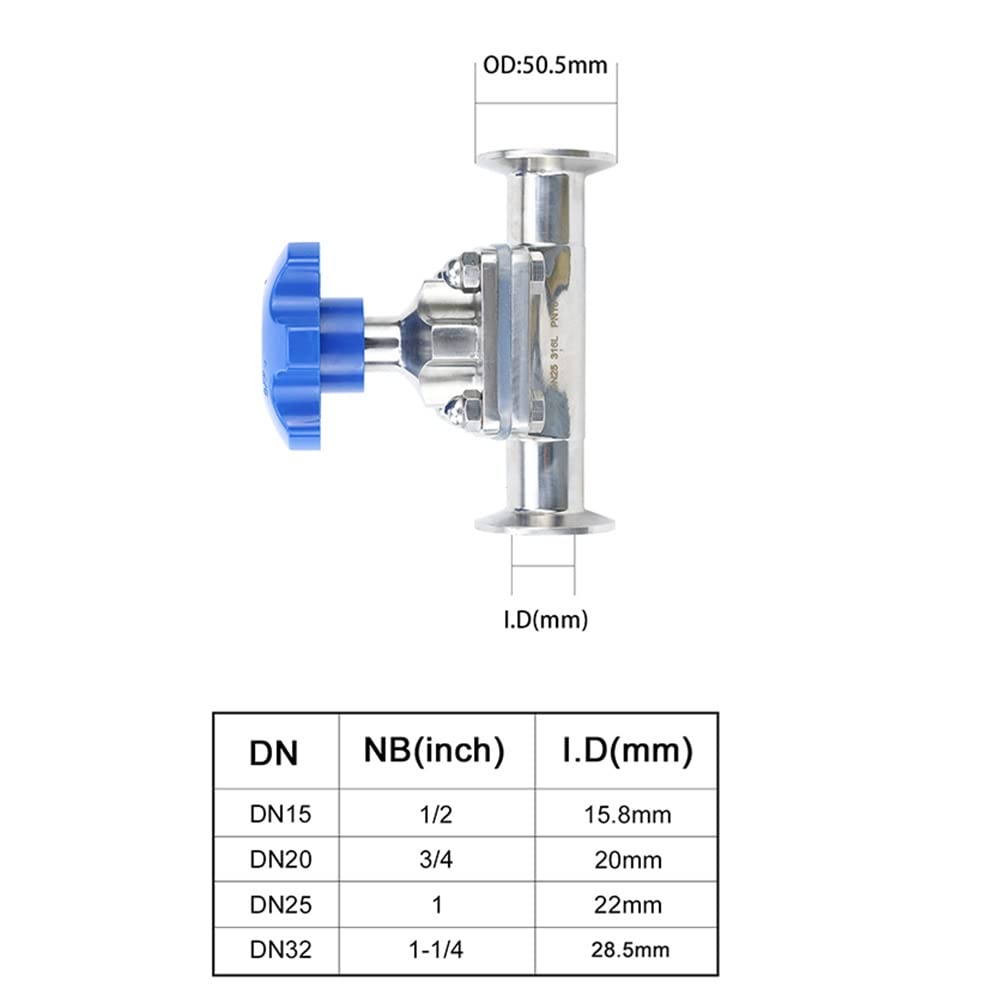 Valvole, 1/2" 3/4" 1" 1-1/4" Tubo OD 19mm 25mm 32mm DN20 Acciaio Inossidabile 316L Valvola A Membrana Sanitaria 1.5" Tri-Clamp Ferrule OD 50.5mm 1PC (Color : White Handle, Size : DN25 x Ferrule 50.5