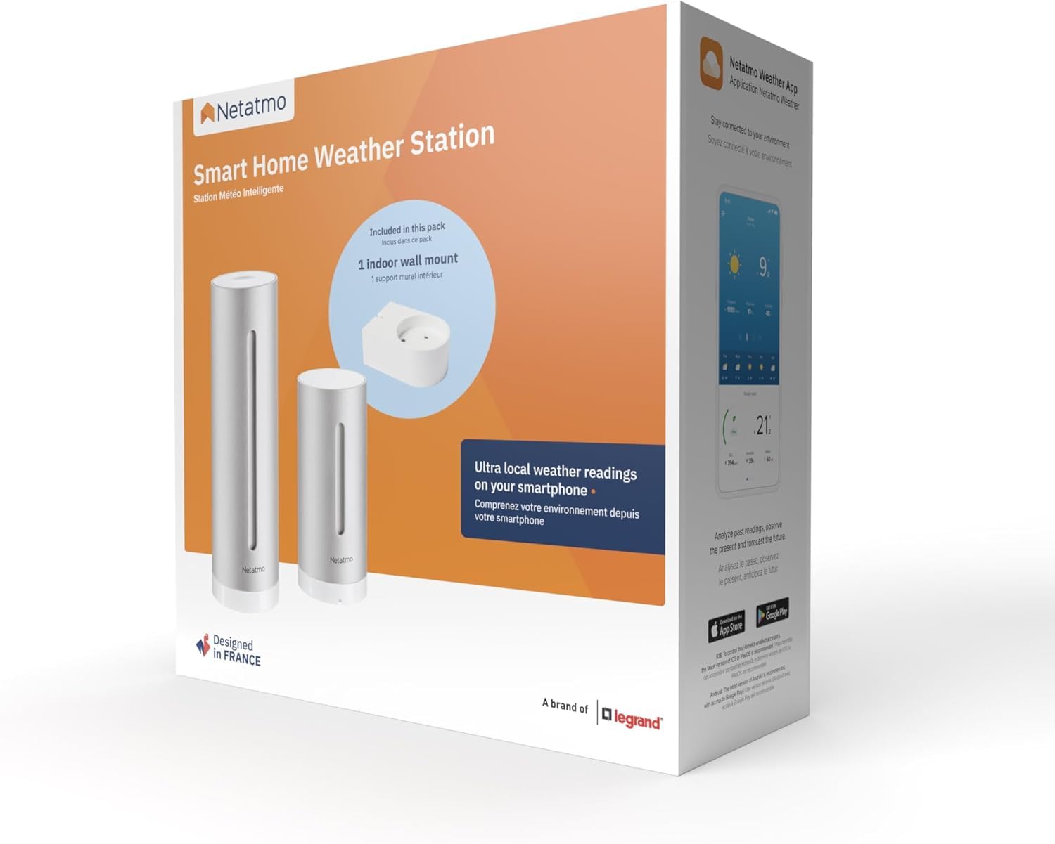 Netatmo Stazione Meteo con Sensore Esterno Wireless con supporto a parete, Termometro, Igrometro, Barometro, Sonometro, Qualità dell'aria, Compatibile con Amazon Alexa, Apple e Google, NWS-AMZ