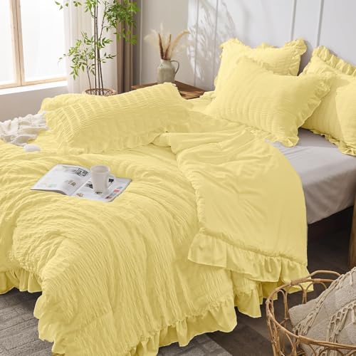 Image of JOLLYVOGUE Light Yellow Twin /Twin XL Comforter Set, 2 Pieces Seersucker Lightweight Fluffy Bedding Set, Twin Ruffle Comforter, All Season Soft Microfiber Shabby Chic Bed Set