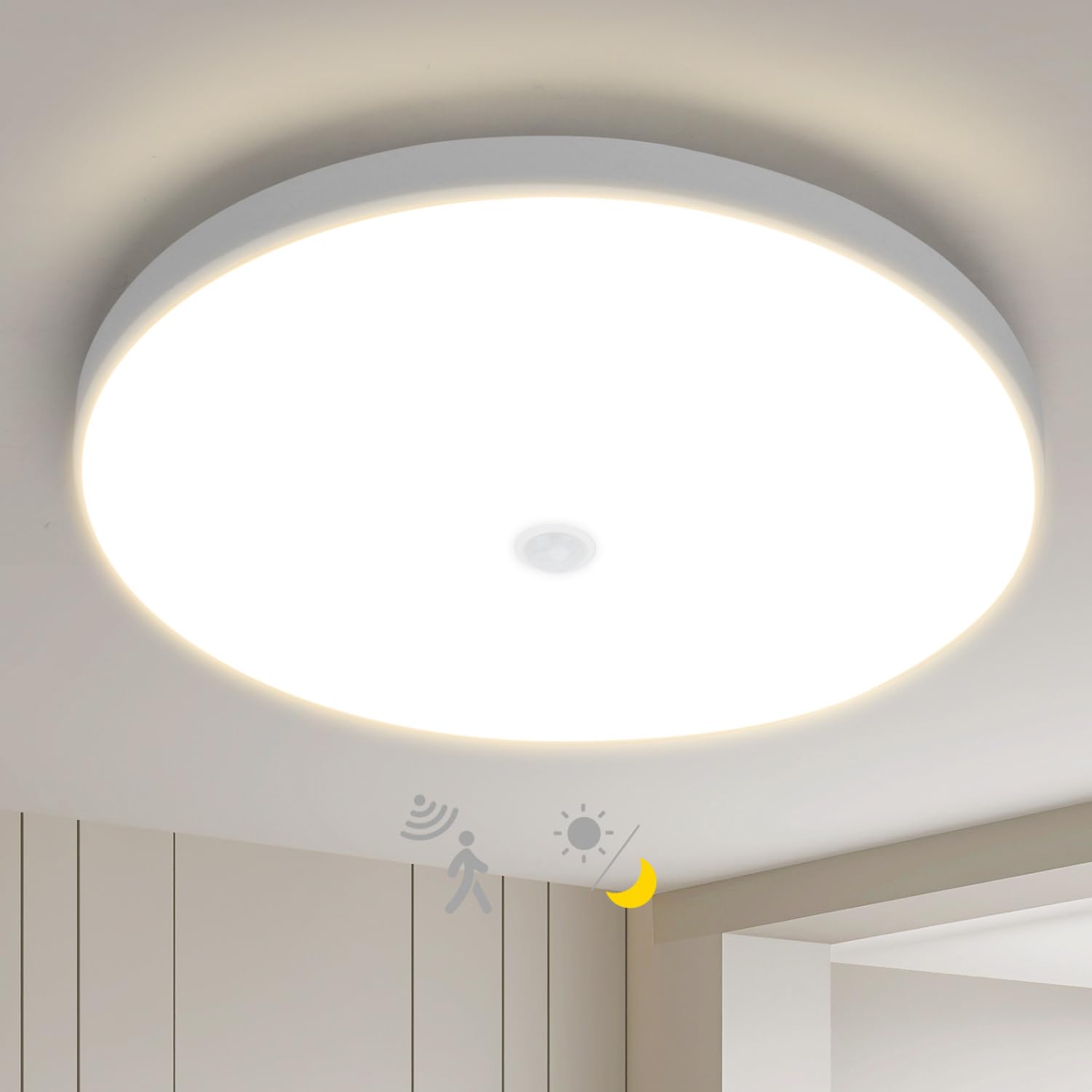 Great Jacob LED Deckenleuchte mit Bewegungsmelder Dämmerungssensor 18W Deckenlampe 2430lm 4000K Neutrales Licht, Ø25,2cm – Ideal für Flur, Treppenhaus, Eingangsbereich