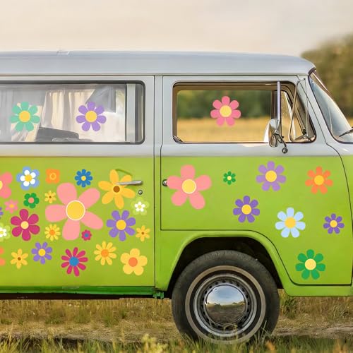 LIULINY 88 PCS Autocollants de Voiture, Autocollants Stickers pour la Voiture Hippie Fleurs, Fleur Sticker Autocollant Vinyle Automobile Décoration, pour SUV...