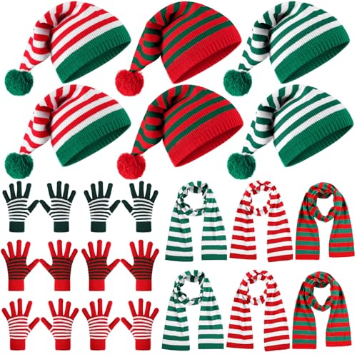 Geyoga 18 Pcs Christmas Winter Knitted Hat Scarf Gloves Set, Santa Hats for Adults Xmas Beanie with Pom Bulk Long Knit Scarf Gloves for Women Men