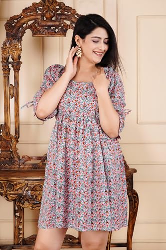 Image of Manojava Designer Women's Cotton Blend Bodycon Printed Puffy Sleeve Dress Short Sleeve Bodycon Dress, Women's Cotton Blend Printed Puffy Sleeve Designer Dress