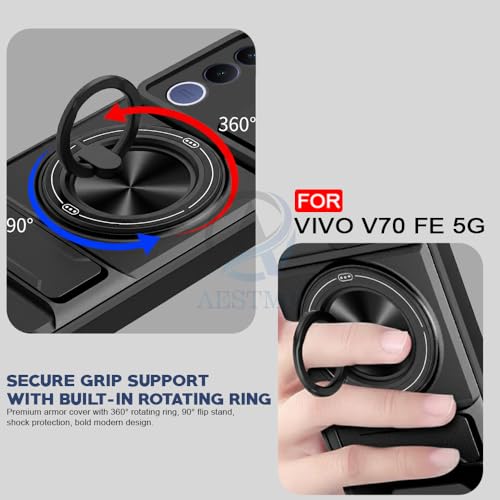 Image of AESTMO VIvo V70 FE 5G Back Cover | Armor Camera Slider 360 Degree Rotating Finger Ring Holder Case with Bracket Stand & Camera Protection Back Case Cover for VIvo V70 FE 5G (Black)