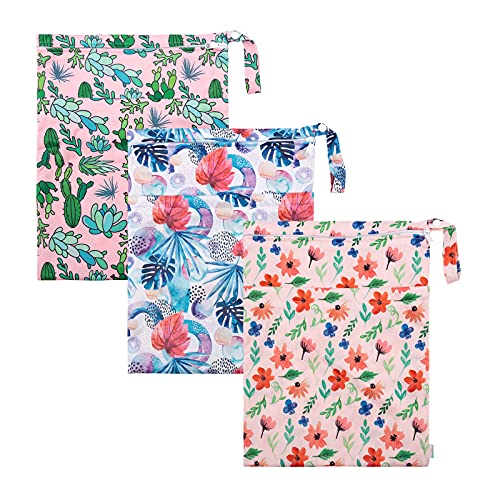 Image of Babygoal Wet Dry Bags for Baby Cloth Diapers, Washable Travel Bags, Beach, Pool, Gym Bag for Swimsuits & Wet Clothes with Two Zippered Pockets 3 Pack, 3LN18