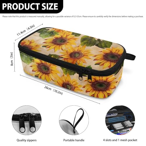Image of Sunflower Vintage Large Pencil Pouch for Women Girls Aesthetic Pencil Case with Pen Slot Kids Pencil Bag for Eleementary Children Boys Pencil Container for Teens Students Pencilcase