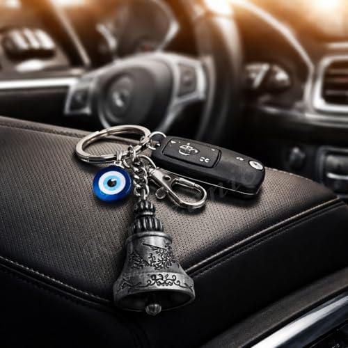 Image of Guardian Bell Keychain For Bike & Car | Tibetan Bells Texture Keyring For Bike | Copper Silver Combo Bells | Evil Eye Good Luck Charm Bell Keychains | Nazar & Protection Charm | KeyRing for Riders