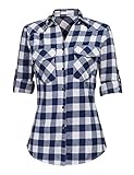 Hotouch Damen holzfäller Karierte Bluse Kurzarm Hemdbluse mit knöpfen Krohemd Slim fit Oktoberfest Oberteile Tops Dunkelblau L
