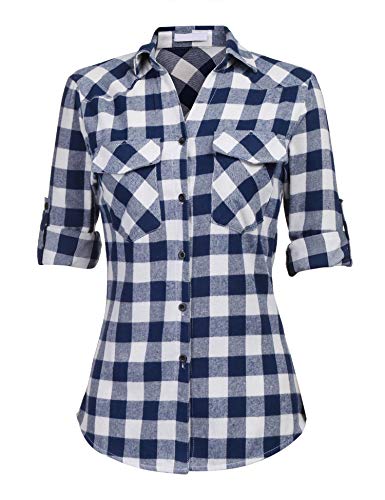 Hotouch Women's Long Sleeve Casual Loose Classic Plaid Button Down Shirt Plaid Shirt Denim Blue