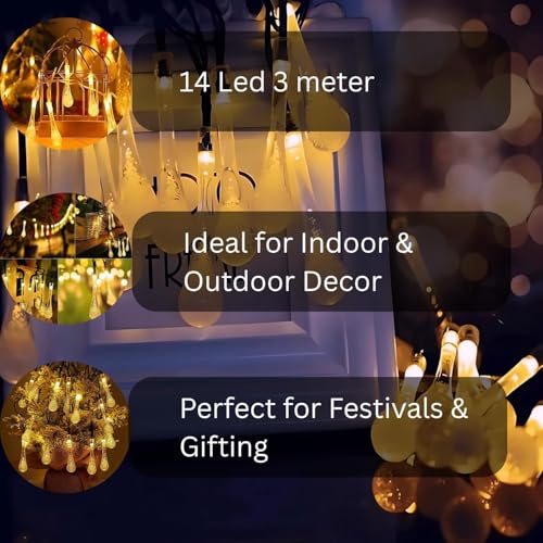 Image of One94Store Drop String Lights - 14 LED, 3 Meter, Warm White, Waterproof Decorative Fairy Lights for Indoor /Outdoor, Garden, Diwali, Christmas, Wedding (Warm White)