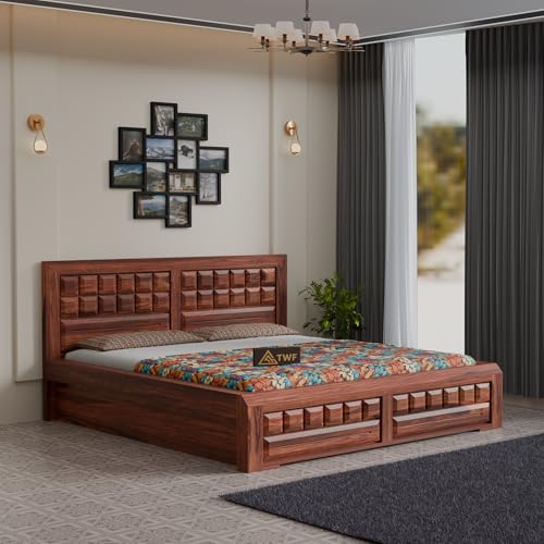 Image of Solid Sheesham Wood Queen Size Bed with Storage Box | Double Bed for Bedroom | Big Diamond Design Wooden Double Bed Cot for Home & Hotels | Rosewood, Honey Finish