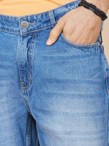 Image of Styli Men Regular Fit Rigid Mid Wash Cotton Denim Jeans | Comfortable High Waist Jeans for Men | Ideal for Casual, Office & Travel Wear