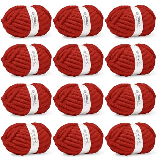 Image of Inhand Classic Red Chunky Chenille Yarn for Hand Knitting,Thick Bulky Mom Blanket Yarn for Crocheting,Soft Fluffy Yarn for Mother's Day Gifts and Crafts for Women /Grandma,12 Pack (29.5Yds /8.4oz Each)