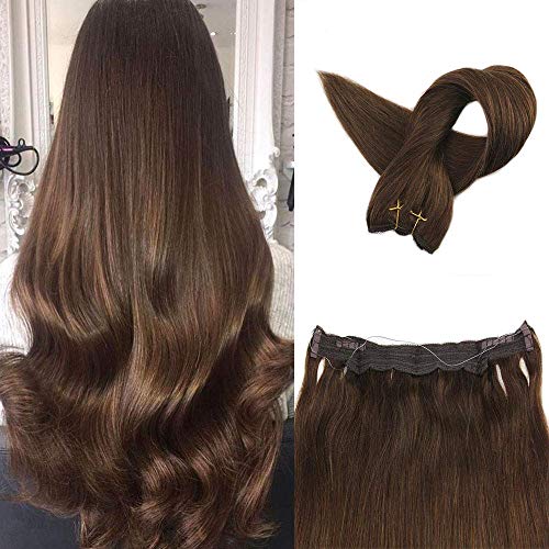 [Promotion]Fshine 14" Halo Extensions Remy Hair Thick Ends No Glue No Clips Hair Color #4 Dark Brown Flip Hair Extensions Human Hair 70g Invisible Fish Line Hair