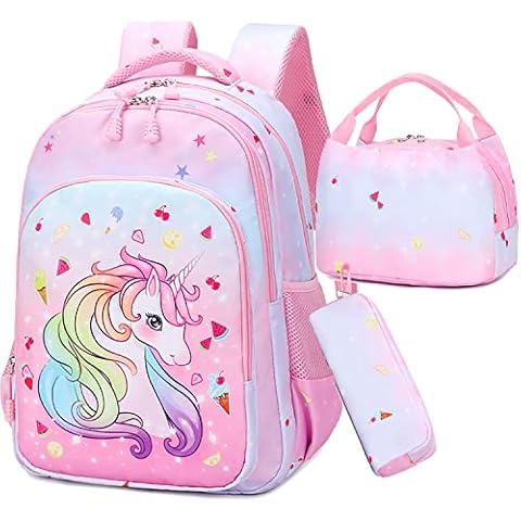 School Bag for Girls and Children's Elementary Unicorn School Bags of 3 Pieces with Lunch Bags and Pencil Case for CP-CE1 CM1 CM2 School Students, Pink Unicorn B, kids backpack Cover